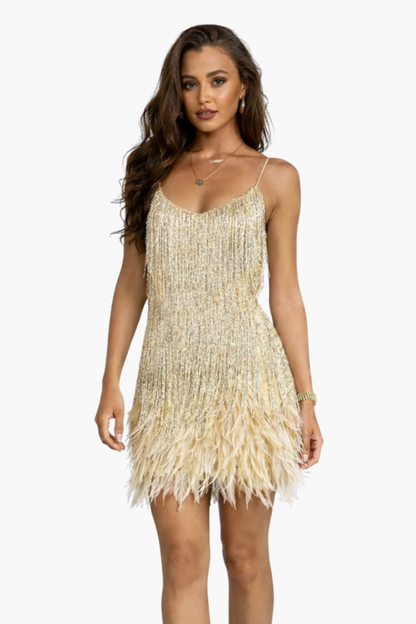 Robe mini femme scintillante à franges – Robe de soirée à sequins avec plumes