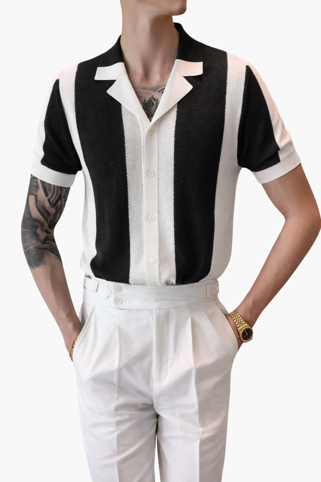 Chemise Homme Tricotée Rayée – Style Resort Élégant à Manches Courtes