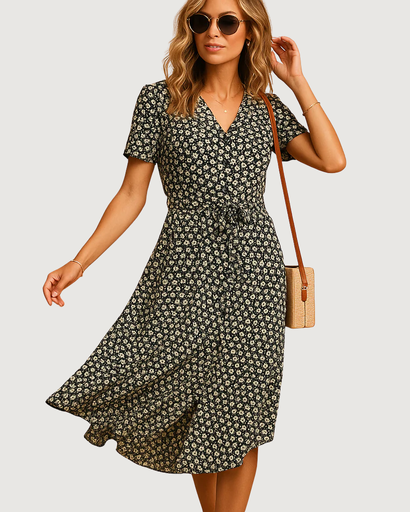 Robe midi à fleurs avec manches courtes et ceinture nouée