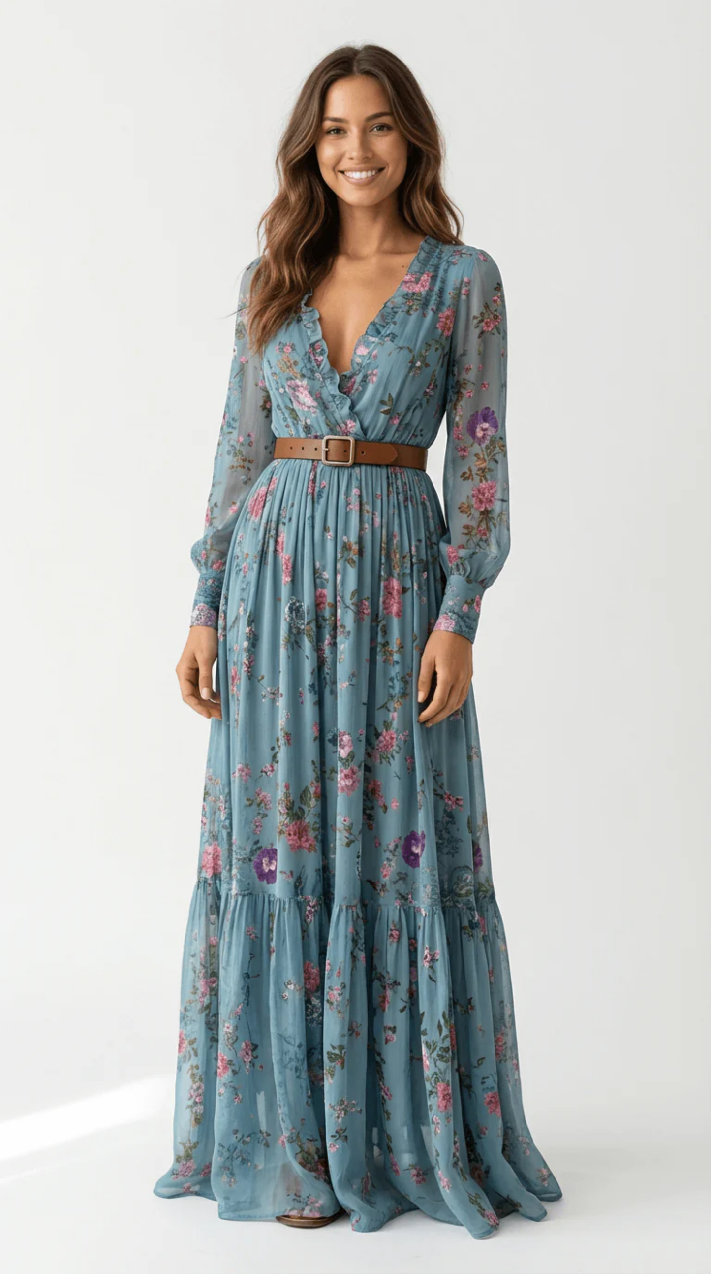 Robe Longue Bohème Femme Vert Foncé avec Broderies Florales