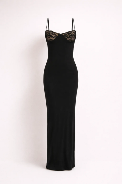 Robe longue femme bretelles fines avec détail dentelle