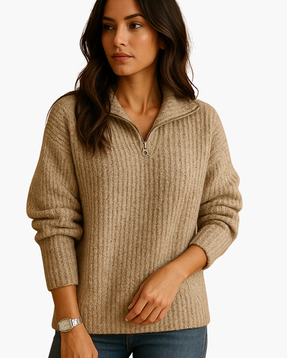 Pull côtelé avec demi-zip et col montant pour femme
