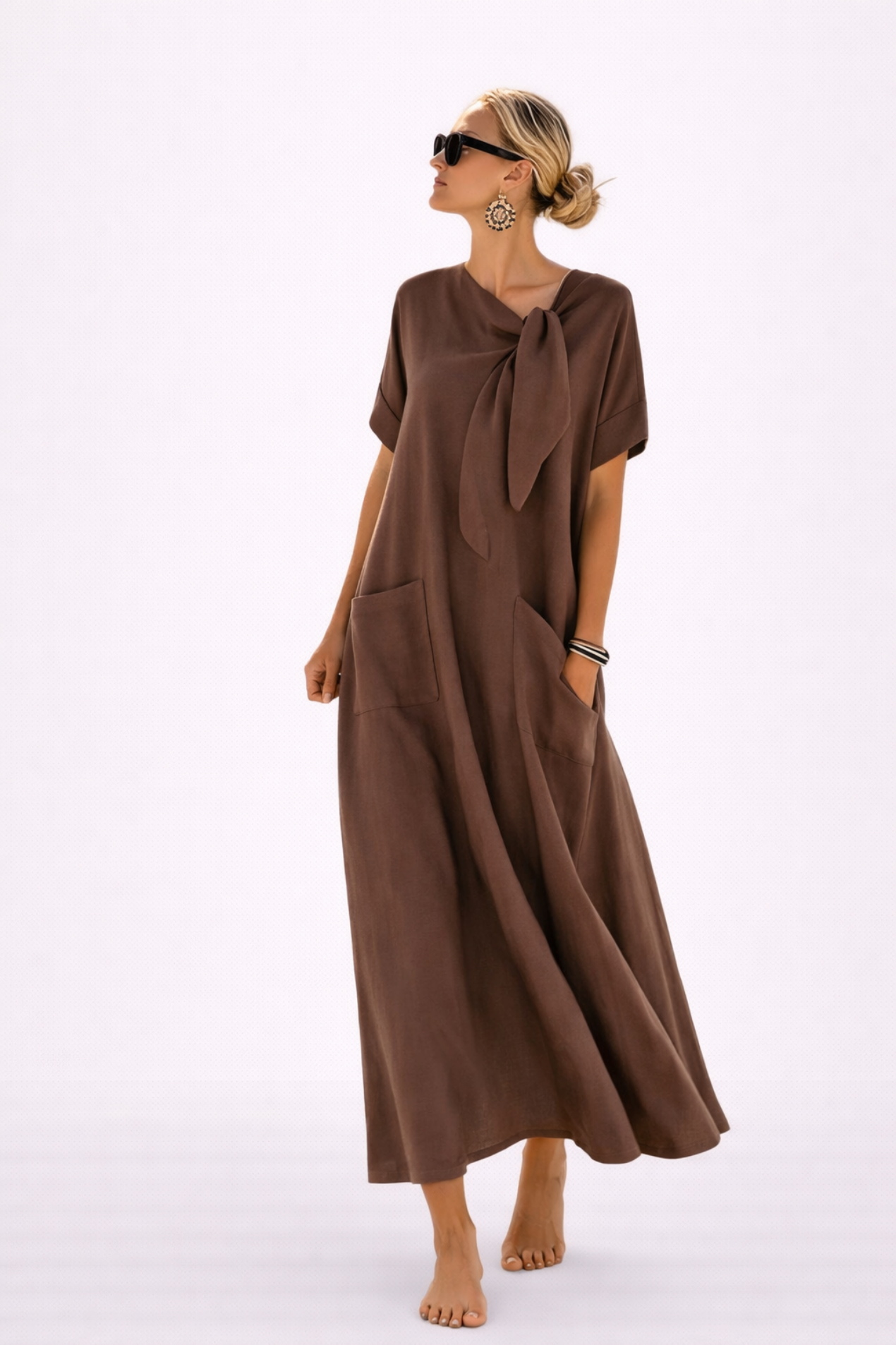 Robe Longue Femme Décontractée – Robe Fluide Avec Nœud et Grandes Poches