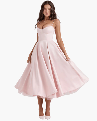 Robe Midi Corset Femme – Coupe Cintrée & Évasée | Cérémonie & Invitée Mariage Chic
