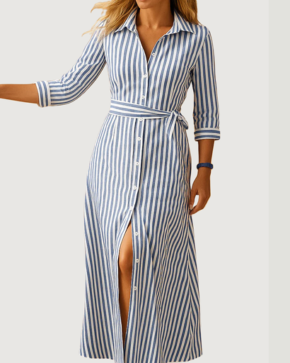 Robe Chemise Longue Élégante – Ceinture Taille et Boutonnage Avant