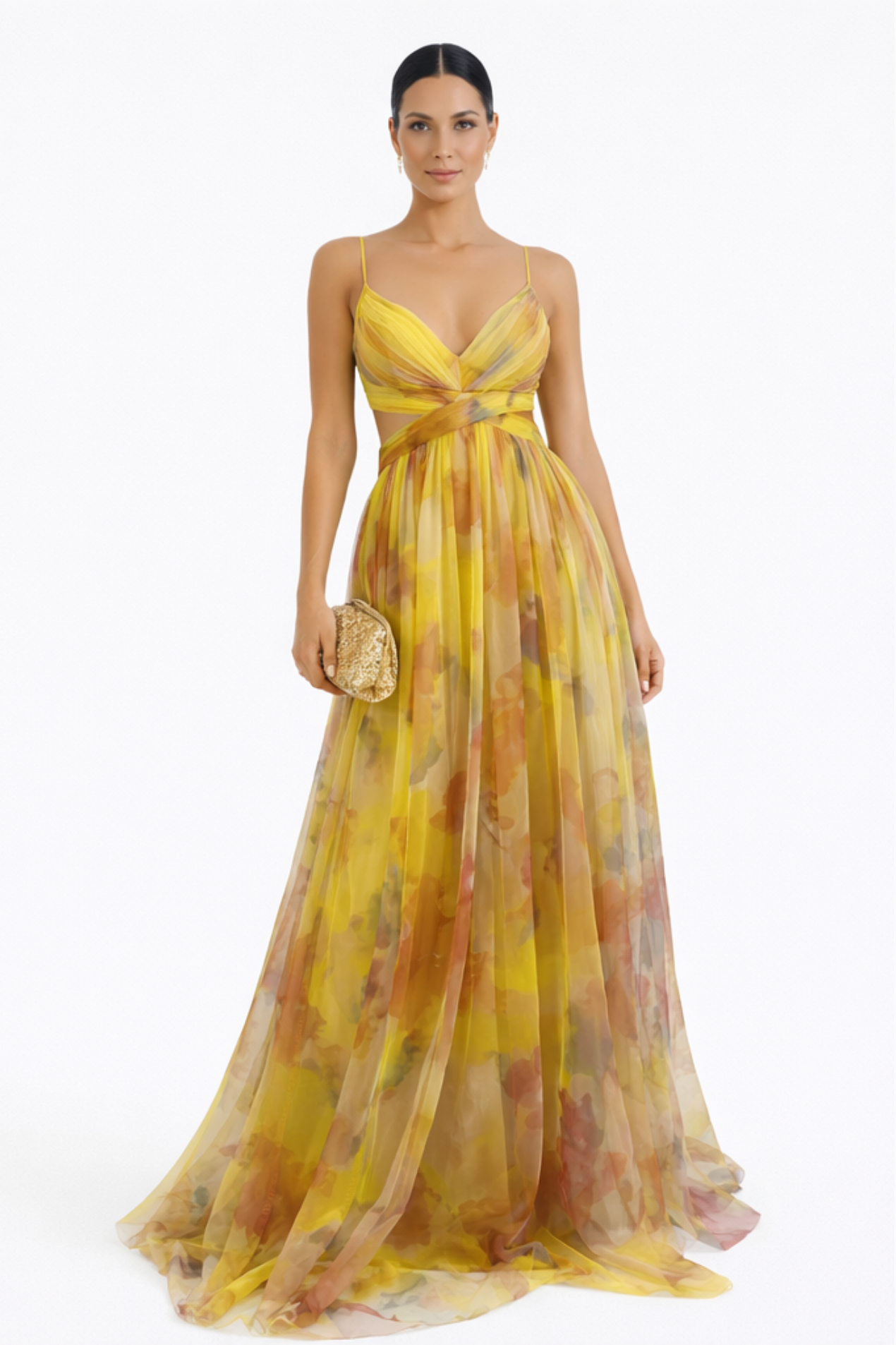 Robe longue élégante femme décolleté v bretelles fines robe soirée fluide imprimé violet