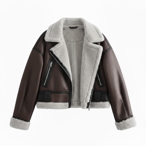 veste courte femme doublée de fourrure, coloris marron, vue de face