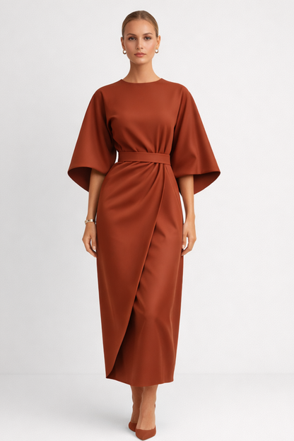Robe midi élégante femme taille ceinturée manches larges robe chic moderne