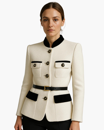 Veste femme structurée à boutons dorés et ceinture