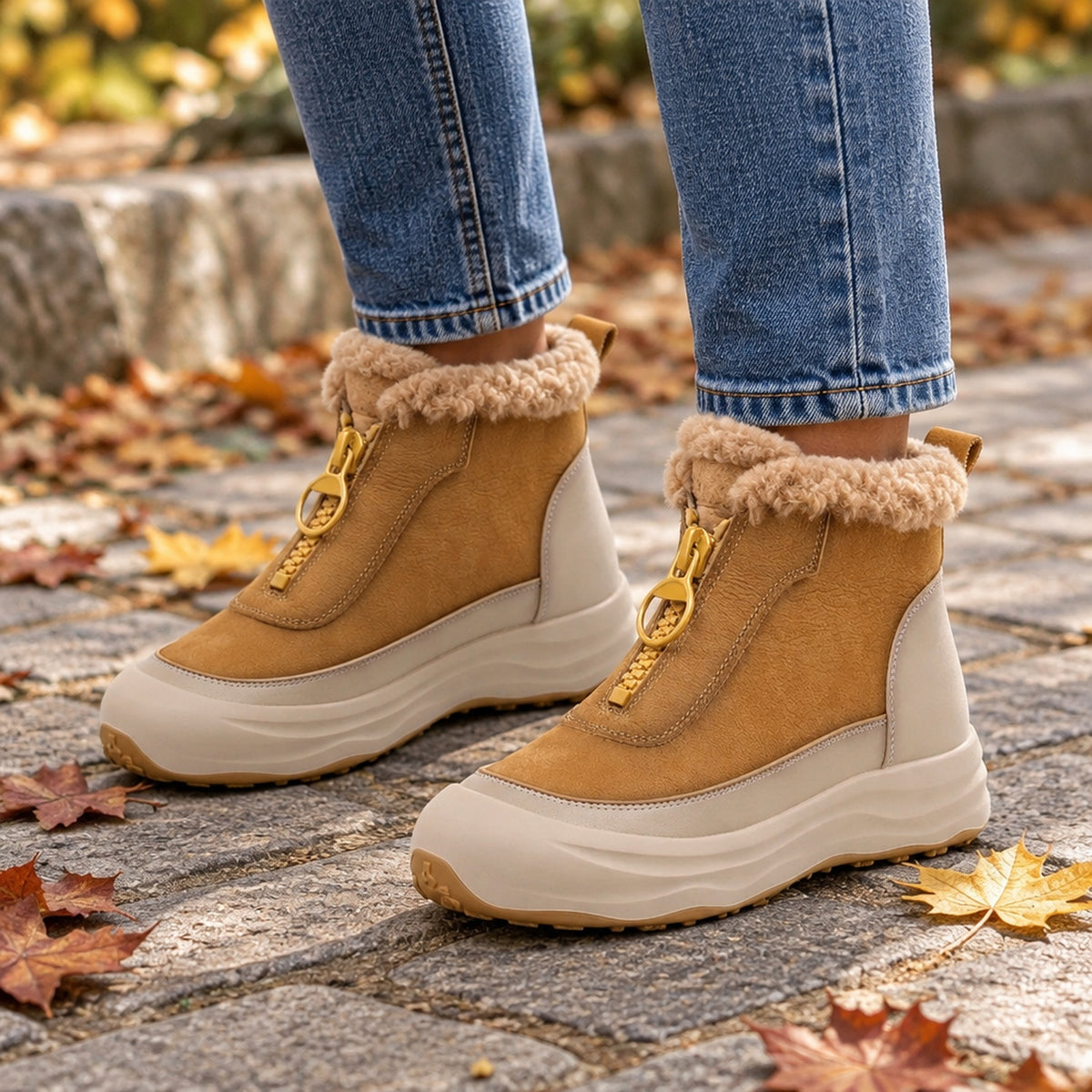 Mannequin portant les bottines chunky camel en cuir véritable, photo en extérieur