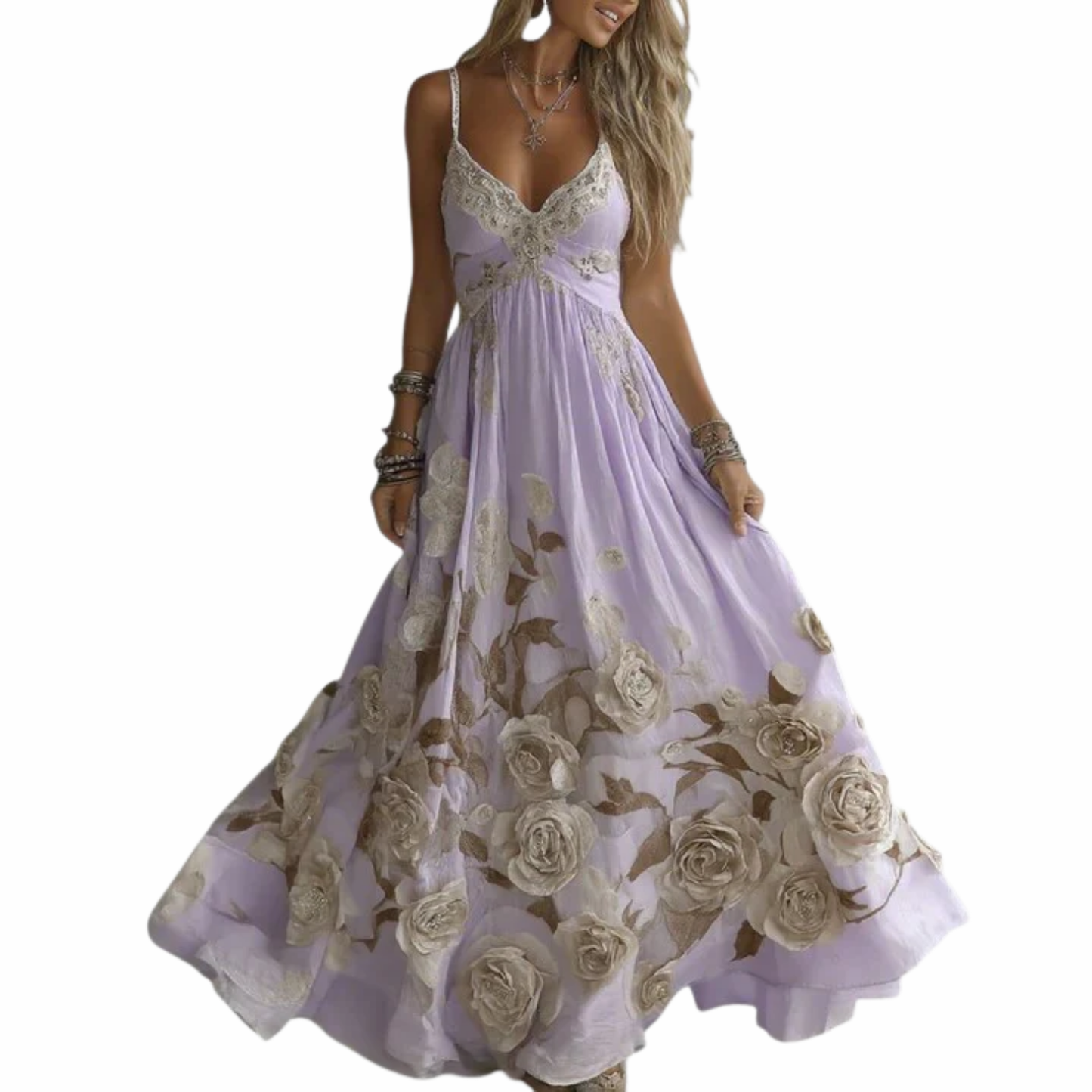 Robe Longue Femme – Bohème Fleurie Col en V, Invitée de Mariage | Robe Maxi Cérémonie
