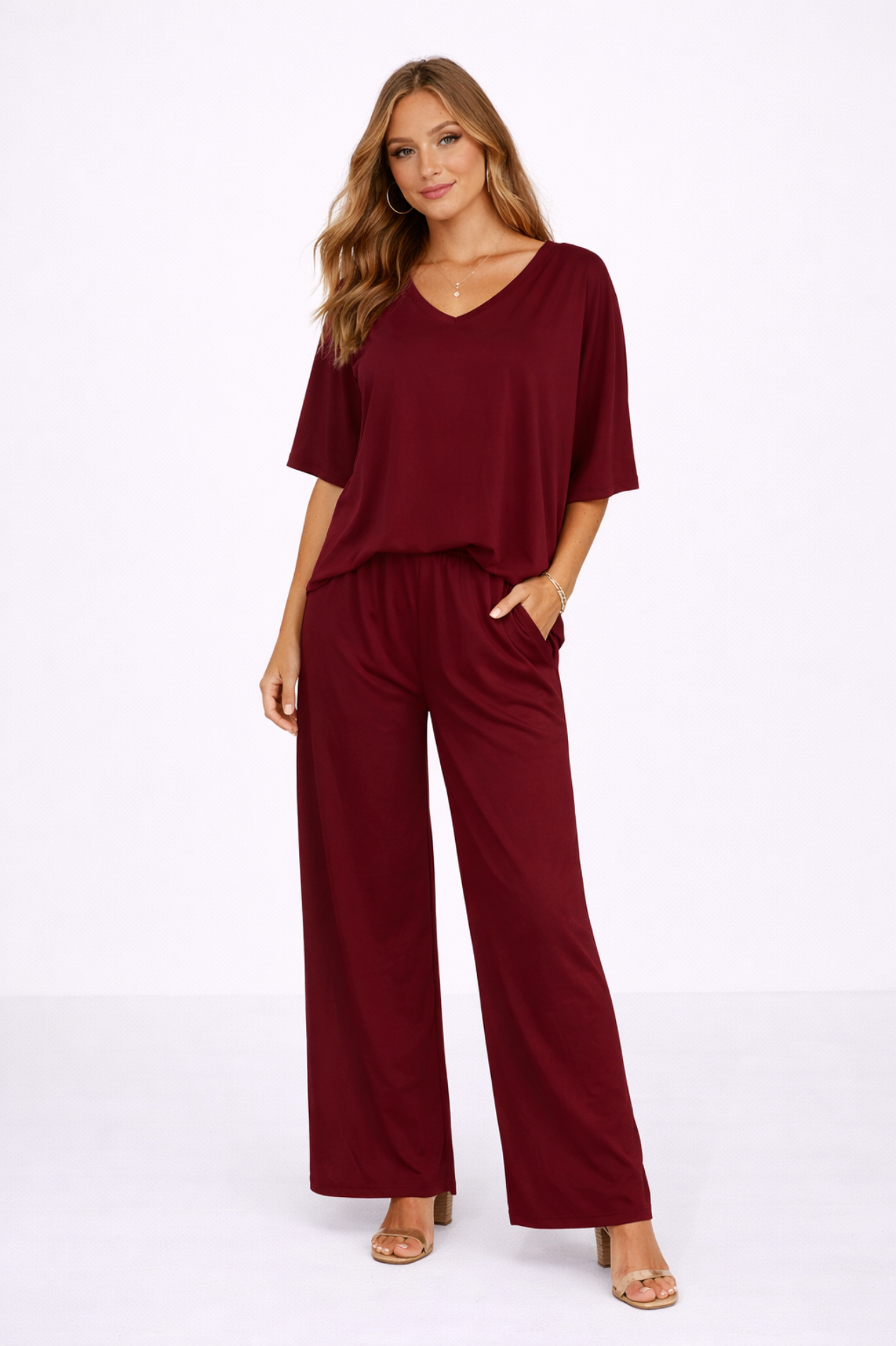 Ensemble Femme 2 Pièces Haut Col V & Pantalon Large Fluide – Tenue Élégante | Invitée de Mariage