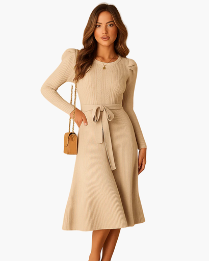 Robe midi en maille avec ceinture et manches longues pour femme
