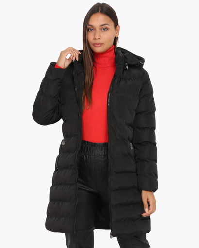Veste longue matelassée pour femme avec capuche et fermeture éclair