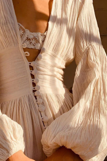 Robe Longue Femme Col V – Robe Fluide Élégante À Manches Longues