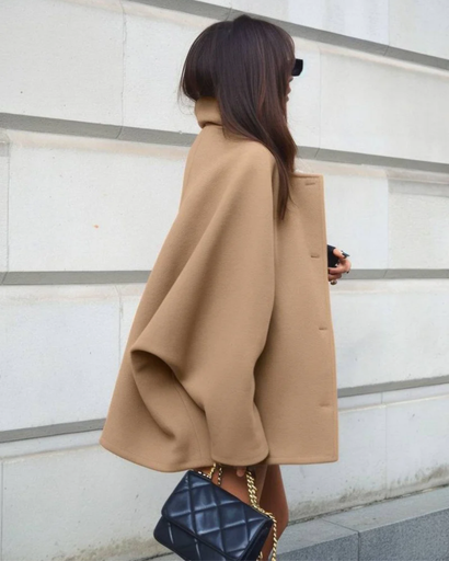 Manteau Femme – Élégant en Laine Mélangée avec Col Revers et Manches Chauve-Souris