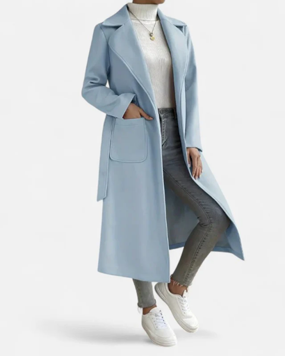 Trench Long Femme – Manteau Élégant avec Col Revers et Poches Latérales