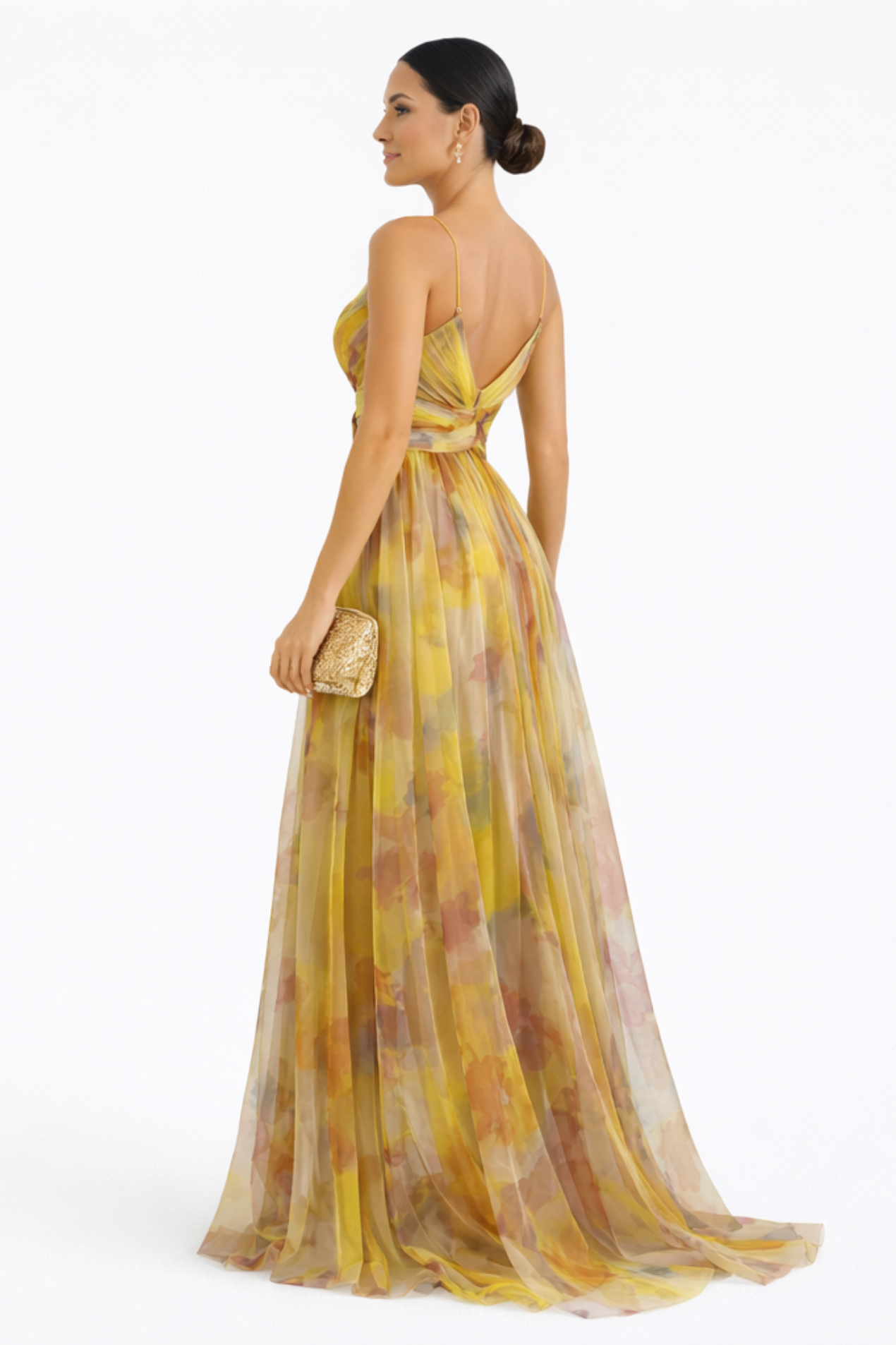 Robe longue élégante femme décolleté v bretelles fines robe soirée fluide imprimé violet