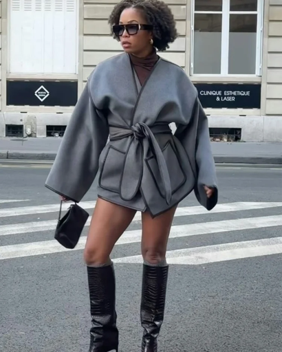 Manteau Femme avec Ceinture et Col V – Élégante Veste pour l’Automne et l’Hiver