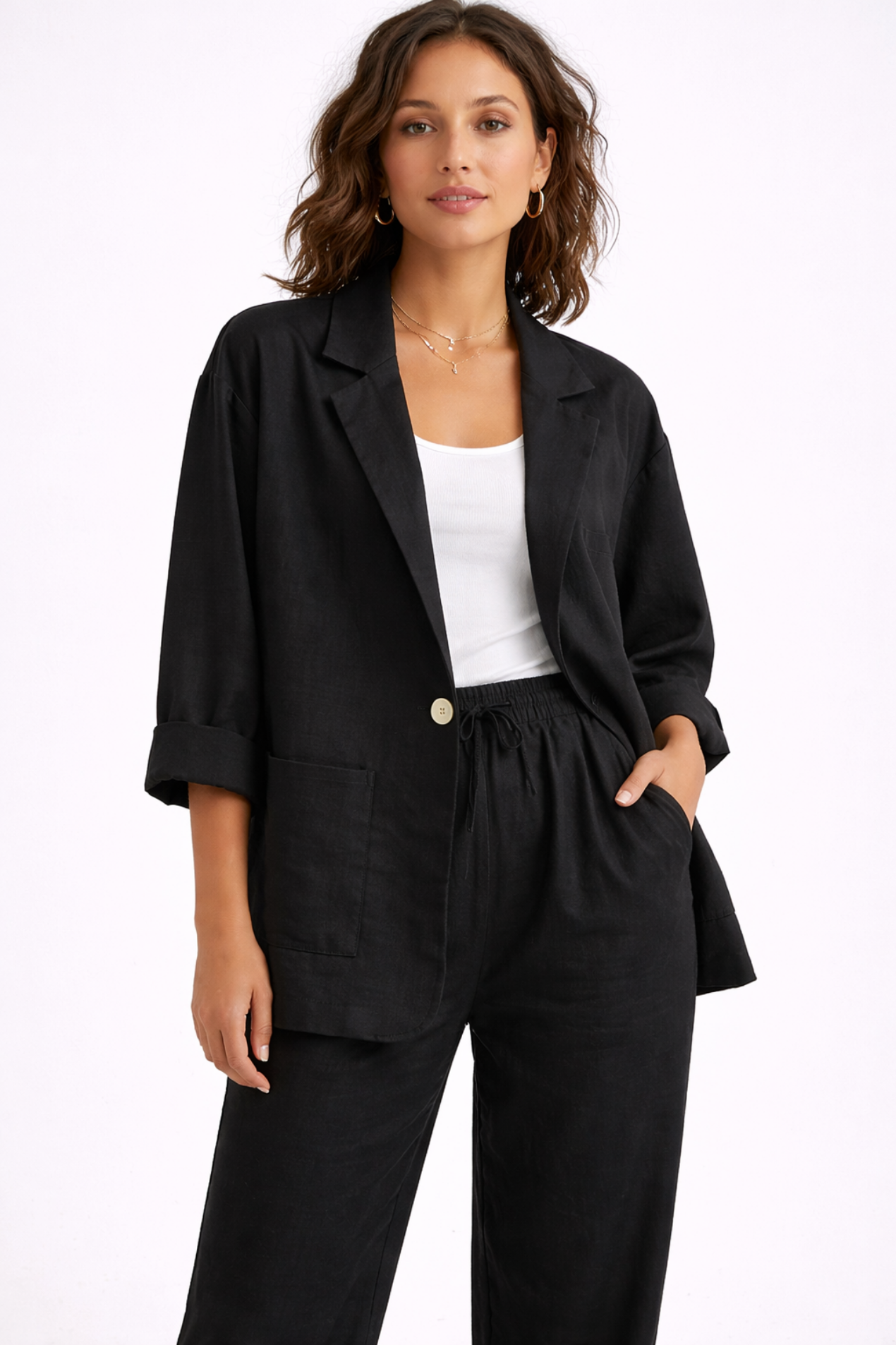 Ensemble Tailleur Femme Lin Blazer & Pantalon – Tenue Bureau Élégante | Invitée de Mariage & Style Été