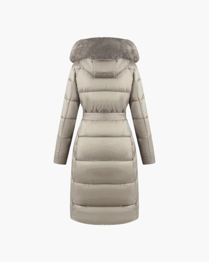Manteau long femme matelassé avec ceinture et capuche