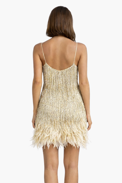 Robe mini femme scintillante à franges – Robe de soirée à sequins avec plumes
