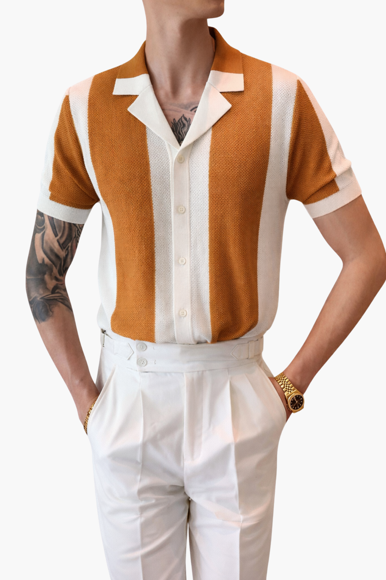 Chemise Homme Tricotée Rayée – Style Resort Élégant à Manches Courtes