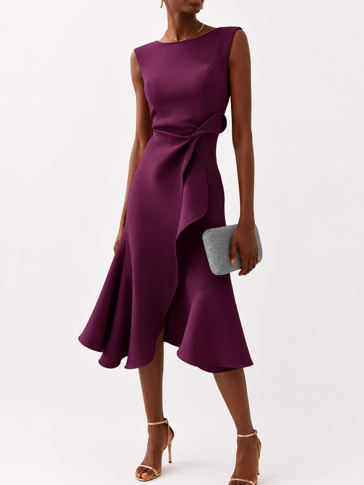 Robe Midi Femme Satinée Drapée – Sans Manches & Évasée | Cérémonie & Invitée Mariage Chic
