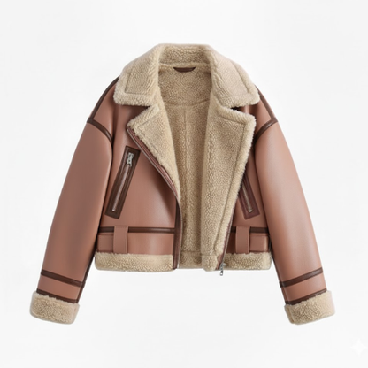 veste courte femme doublée de fourrure, coloris marron clair, vue de face