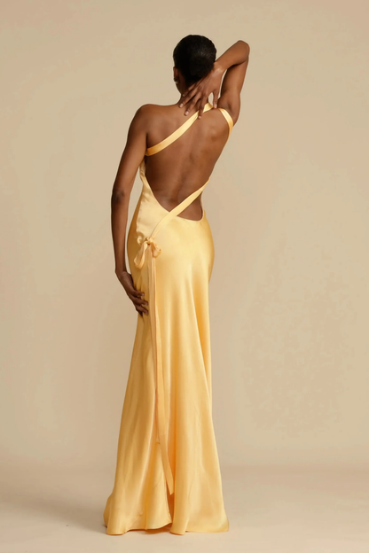 Robe Longue Femme Satinée – Robe Élégante Asymétrique à Une Épaule