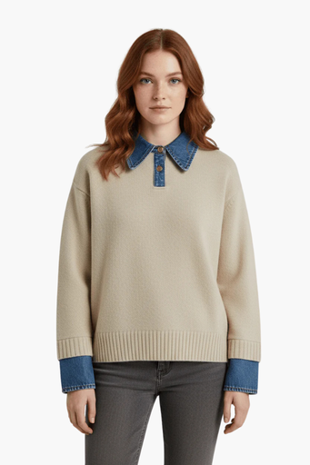 Pull Femme avec Col Chemise en Jean – Style 2 en 1 Élégant