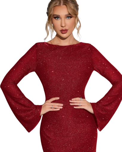 Robe pailletée femme élégante – Robe fluide avec dos ouvert et manches longues