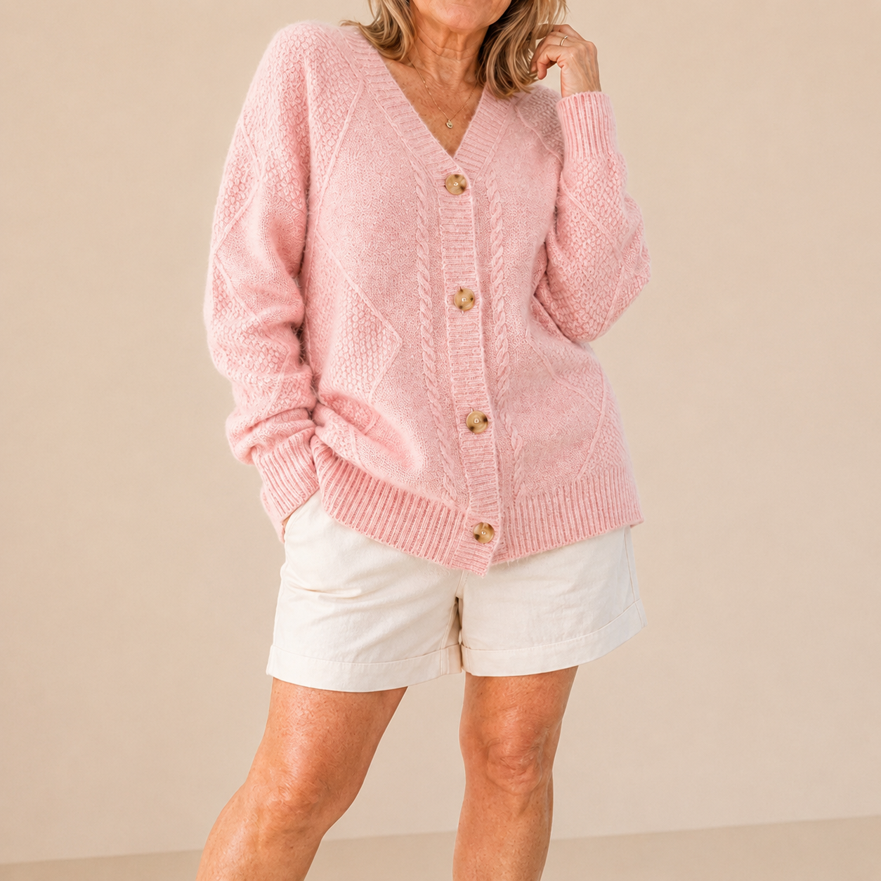 Gilet femme en maille douce à col V, coloris rose