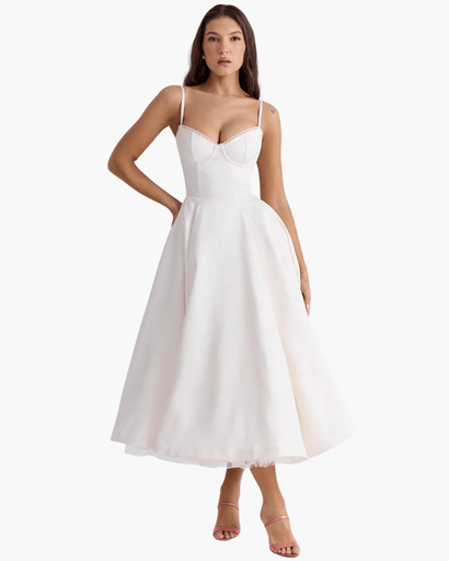 Robe Midi Corset Femme – Coupe Cintrée & Évasée | Cérémonie & Invitée Mariage Chic
