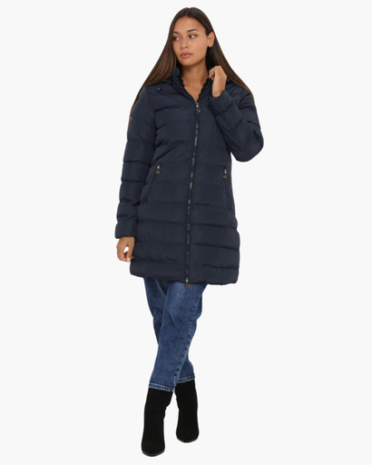 Veste longue matelassée pour femme avec capuche et fermeture éclair