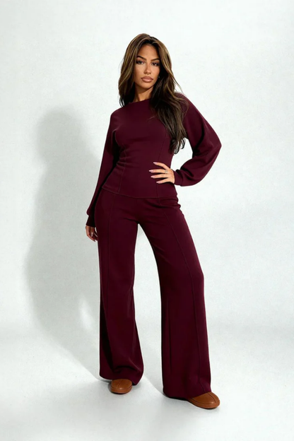 Ensemble Femme Élégant – Haut Ajusté à Manches Longues et Pantalon Large