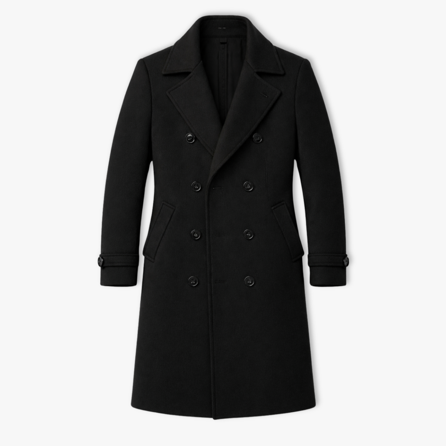 Manteau long homme en laine noir double boutonnage, vue à plat