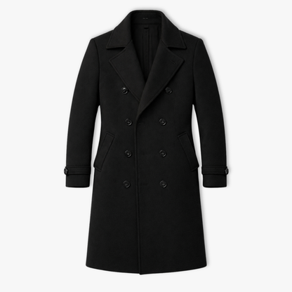 Manteau long homme en laine noir double boutonnage, vue à plat