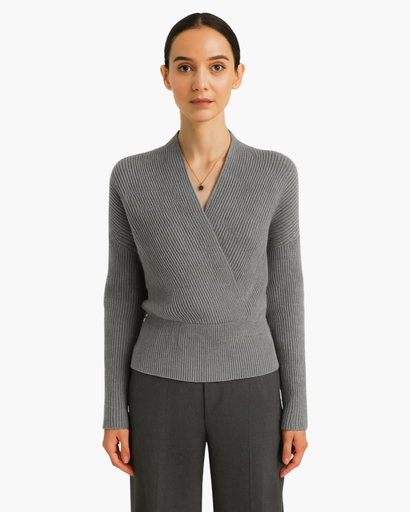 Pull Cache-Cœur Femme en Maille Côtelée – Tricot Élégant et Confortable