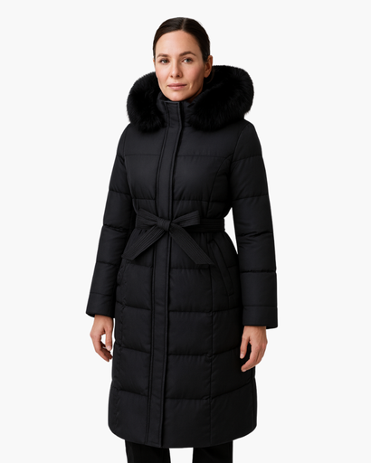 Manteau long femme matelassé avec ceinture et capuche
