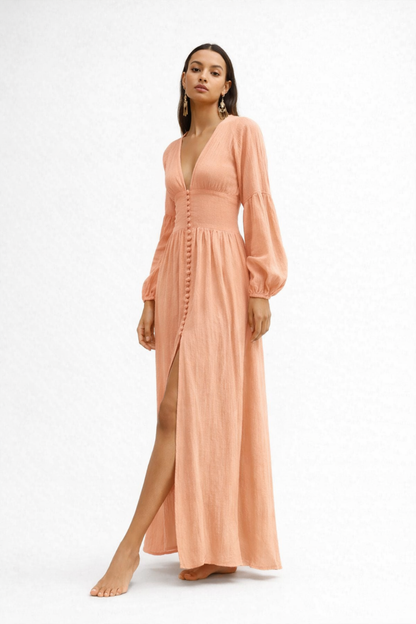 Robe Longue Femme Col V – Robe Fluide Élégante À Manches Longues