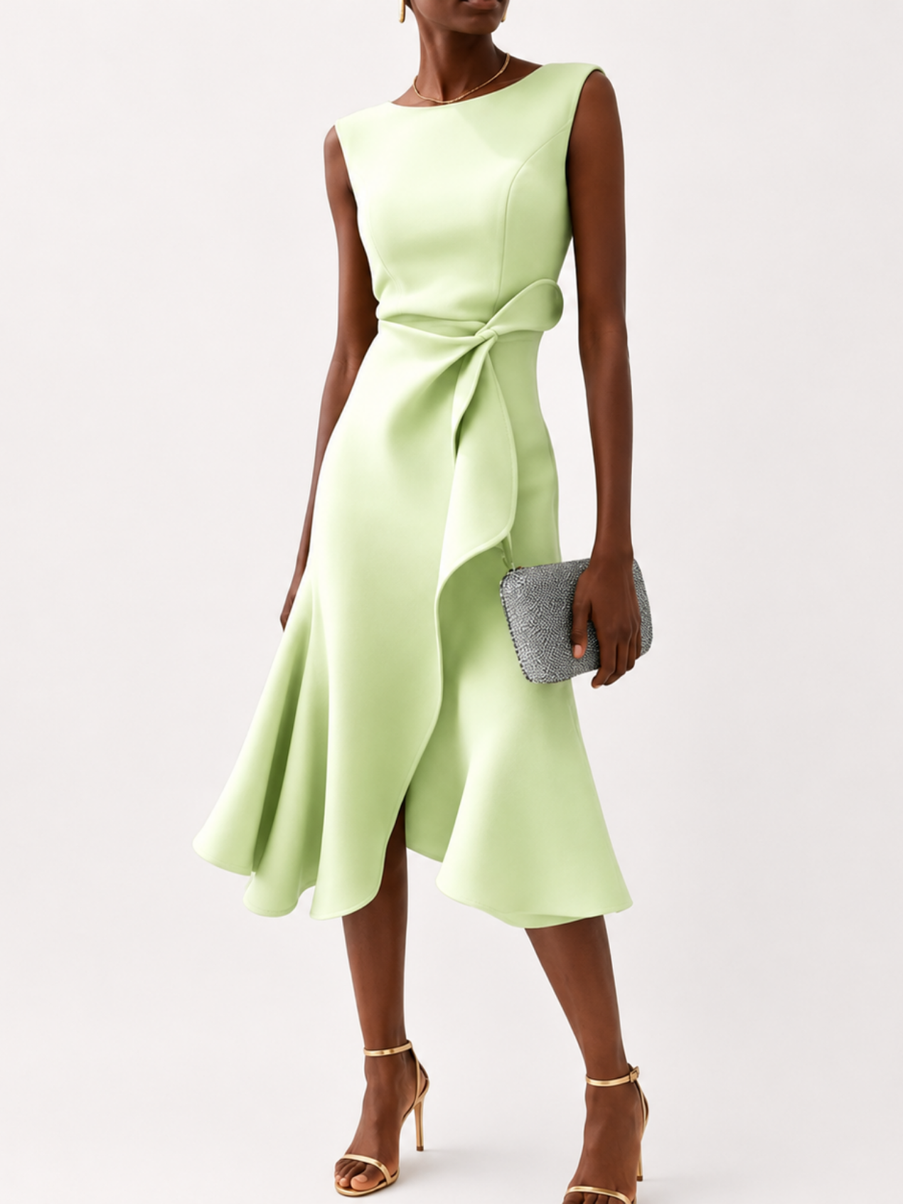 Robe Midi Femme Satinée Drapée – Sans Manches & Évasée | Cérémonie & Invitée Mariage Chic