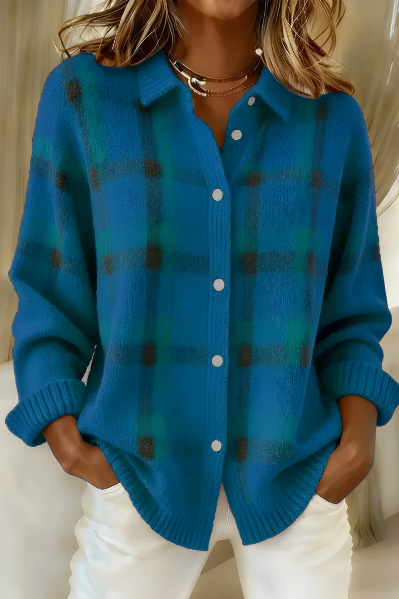 cardigan femme en maille à carreaux, coloris bleu