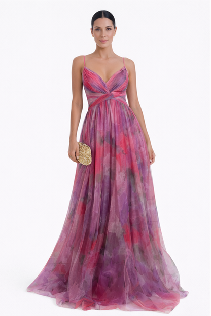 Robe longue élégante femme décolleté v bretelles fines robe soirée fluide imprimé violet