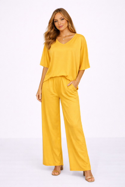 Ensemble Femme 2 Pièces Haut Col V & Pantalon Large Fluide – Tenue Élégante | Invitée de Mariage