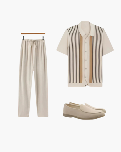 Ensemble Homme Été 3 Pièces – Chemise Rayée, Pantalon Fluide & Mocassins Classiques