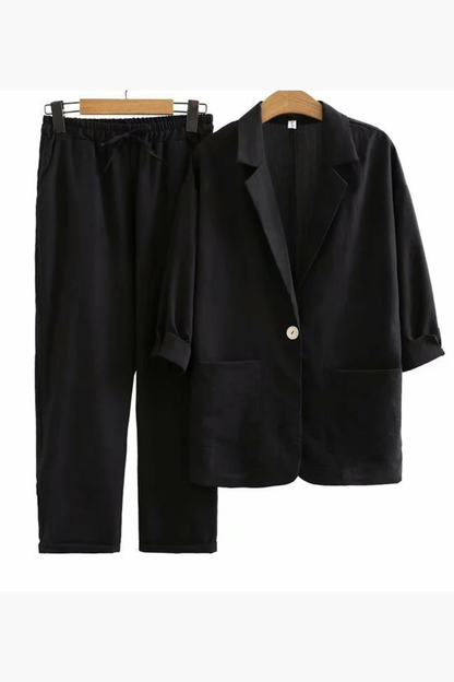 Ensemble Tailleur Femme Lin Blazer & Pantalon – Tenue Bureau Élégante | Invitée de Mariage & Style Été