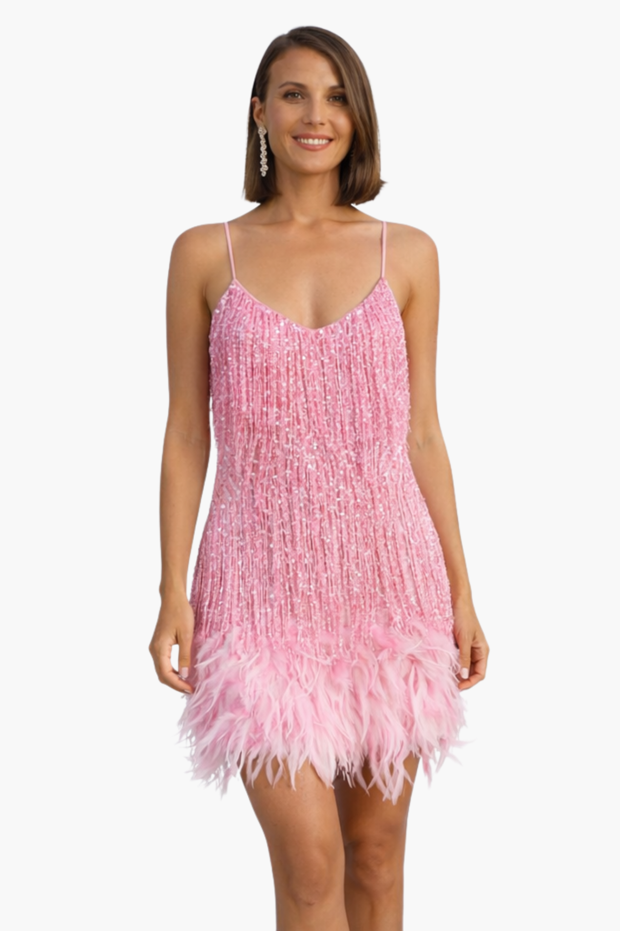 Robe mini femme scintillante à franges – Robe de soirée à sequins avec plumes