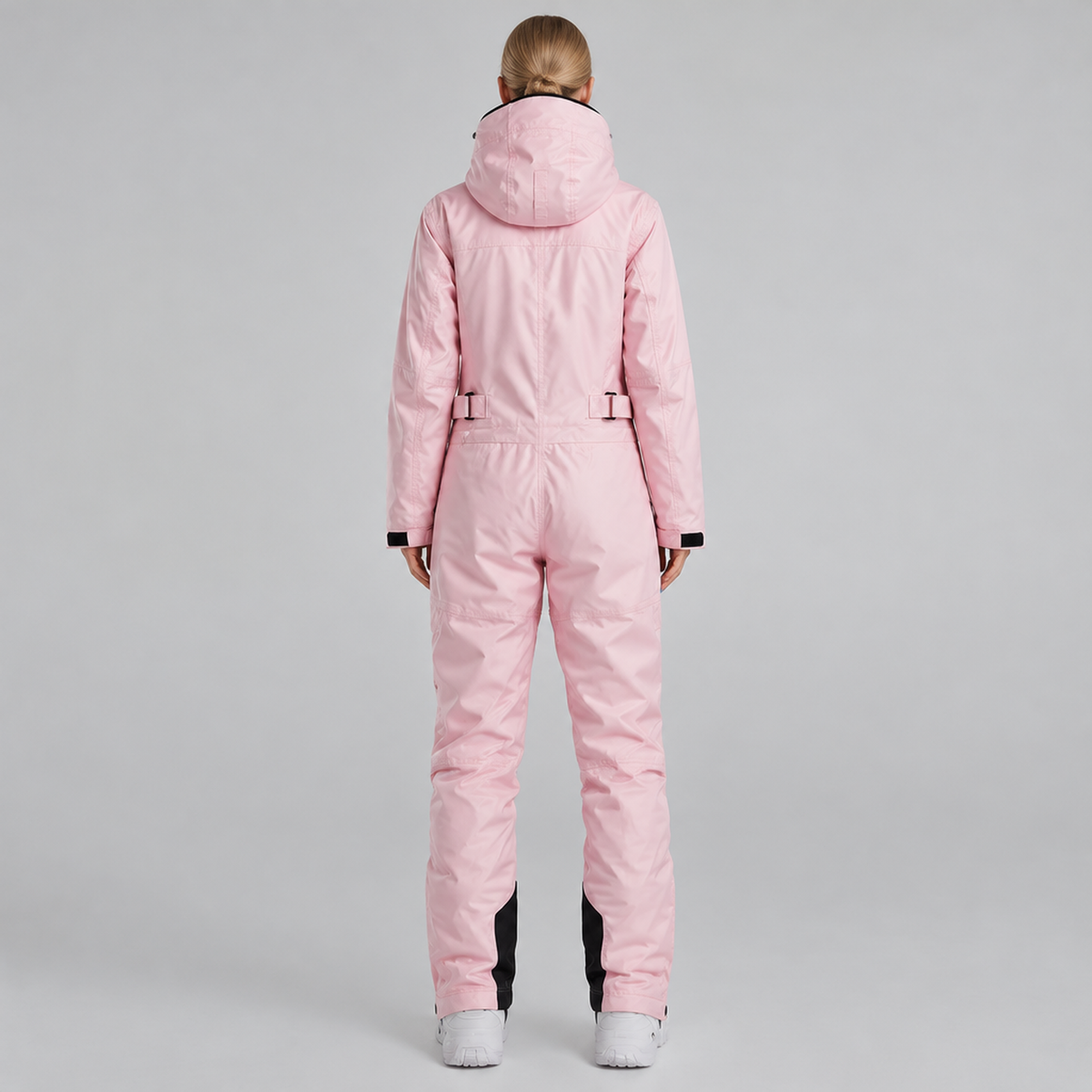 Combinaison de neige unisexe rose, vue de dos avec capuche