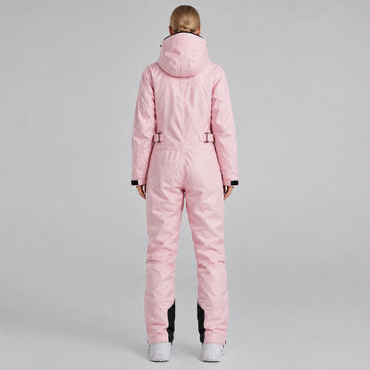 Combinaison de neige unisexe rose, vue de dos avec capuche